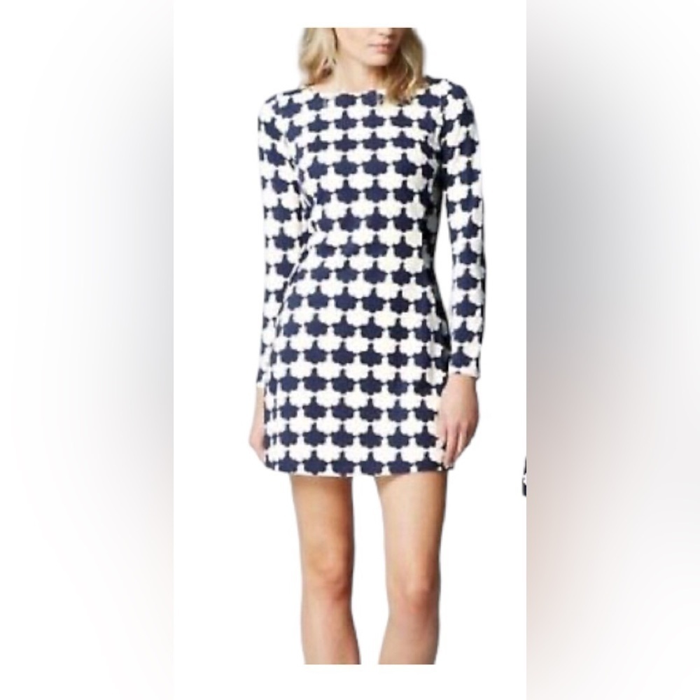 Boden MIA Jersey Knit Tunic Dress Sz. 12 Navy Cream Printed Scoop Neck Career